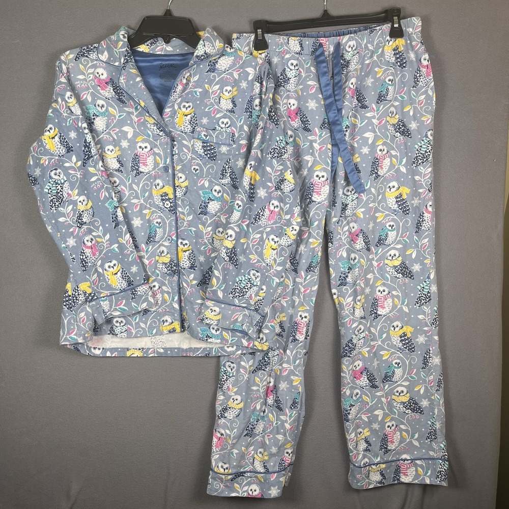 Nick & Nora Flannel Pajama Set Blue Gray Winter Snow Owl Cozy PJ Sz S